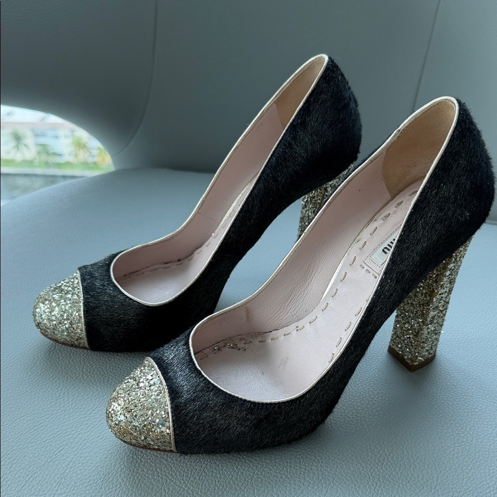 Miu Miu Black and Gold Glitter Heels